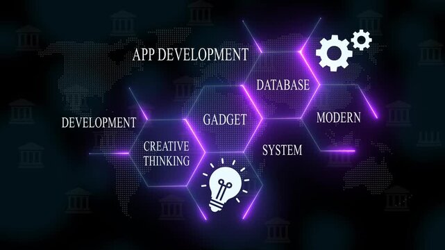Modern app development process with creative thinking and gadgets in neon tech style modern system database