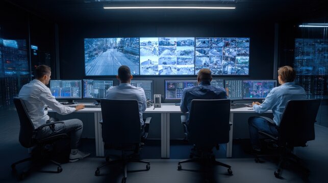 Four professionals monitor multiple screens showing surveillance footage in a dark, high-tech control room