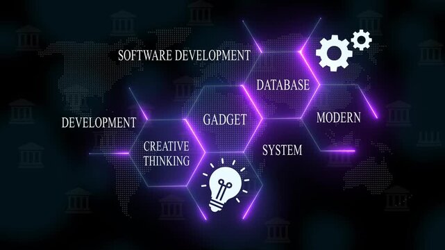 Modern software development concept with creative thinking, gadgets, and database system glowing in neon light