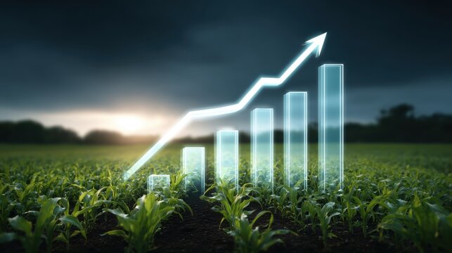 Futuristic glowing bar graph overlaying a thriving crop field, symbolizing agricultural growth and financial success.