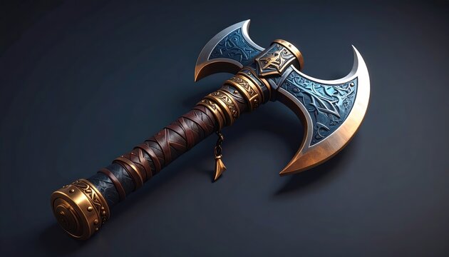 Ornate fantasy war axe with detailed engravings and a wrapped leather handle