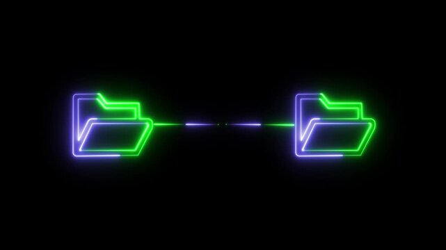 Neon glowing folder file transfer animation, digital data sync concept, cyberpunk network connection high-tech information exchange abstract computer interface