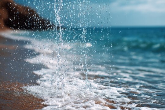 Close up of falling water curtain over sandy shore with foamy waves and blurred turquoise sea