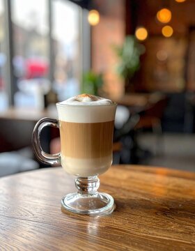 A glass of layered latte with frothy milk sits on a wooden table in a cozy, softly lit cafe with blurred background lights.