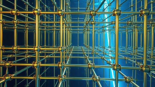 Complex metallic structure, glowing blue light source. Repeating cube pattern creates infinite tunnel illusion. Futuristic design.