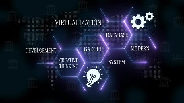 Modern tech innovation concept: virtualization, database, development, creative thinking animation virtualization concept