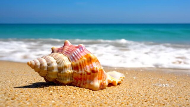 Coastal tranquility of a vibrant seashell resting on golden sand as gentle waves lap the shore under a sunny sky