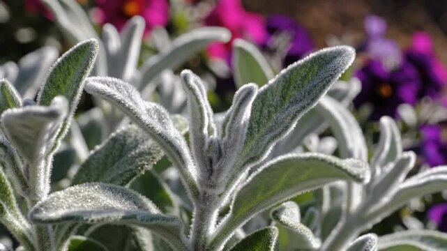 Close up view of the fuzzy silver and green leaves of Lamb's ear plants with colorful flowers in the background