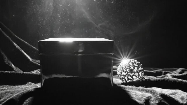 Mysterious box illuminated by a dazzling glowing orb amidst a smoky black and white scene