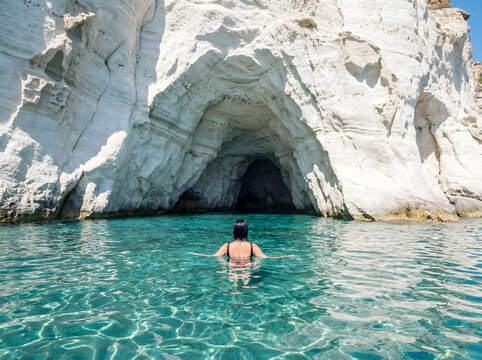 Woman swimming towards sykia cave entrance milos