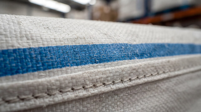 Woven polypropylene sack fabric with blue stripe texture