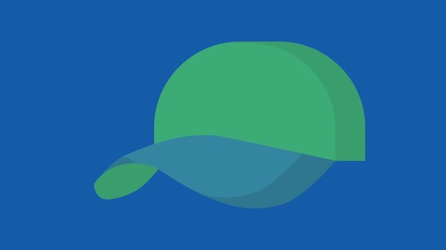 Minimalist green and blue baseball cap animation moving on solid blue background