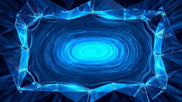 Transparent blue crystal geometric frame with glowing edges on dark background