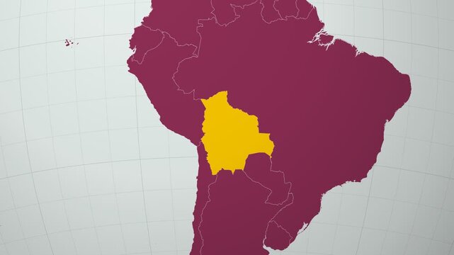 Bolivia map. Animated zoom into the country on the Globe in Pale Mint Dark Pink color palette. Country logo animation with round text and airplanes. Map with meridians, parallels. Neat video.