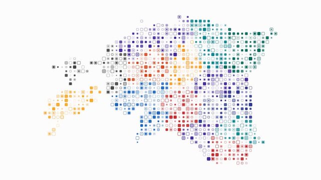 Estonia map animation. Shape of the country with pulsating colored dots. Small size rounded square blocks. Digital style Estonia map on white background. Beautiful video.