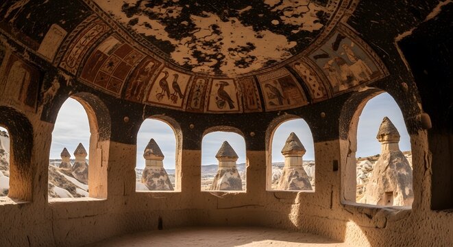 Ancient Cave Church Interior with Frescoes and Fairy Chimneys View Cappadocia TurkeyWarm Tones