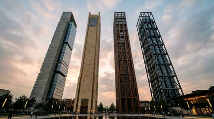 Naklejka premium Modern Skyscrapers Tall Buildings Urban Cityscape at Sunset