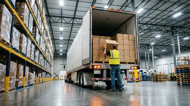 Warehouse worker loading boxes into large semi truck trailer with shelving units and industrial lighting
