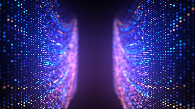 Colorful neon glowing Digital data center data flow screen tech wall Information Corridor disco room