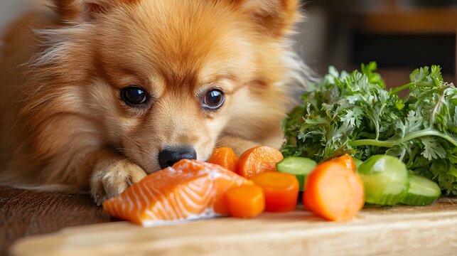Cute Pomsky Dog Eyes Fresh Vegetables Salmon on Wooden Board