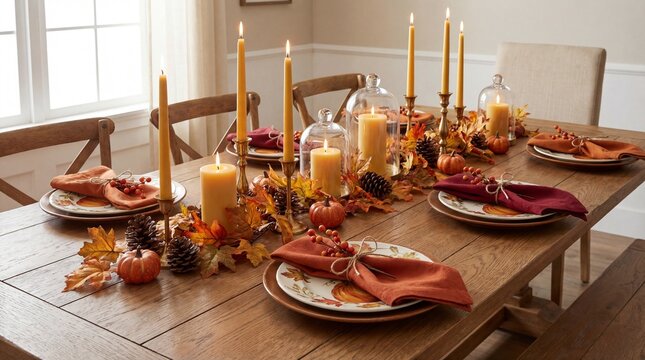 A warm autumn table setting with candles, pumpkins, and fall leaves