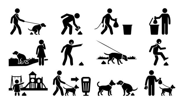 Dog Waste Responsibility Silhouette Set &ndash; Clean Up After Your Dog, Pet Owner Behavior Icons