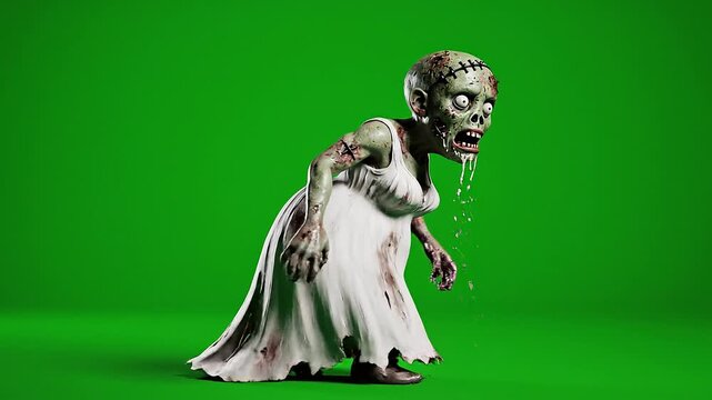 Ugly cartoon female zombie walking against green background
