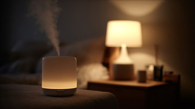 Aromatherapy diffuser emitting gentle wispy vapor in a dimly lit bedroom next to a warm lamp