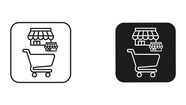 Two shopping cart icons with store awnings on a white background for e-commerce concepts