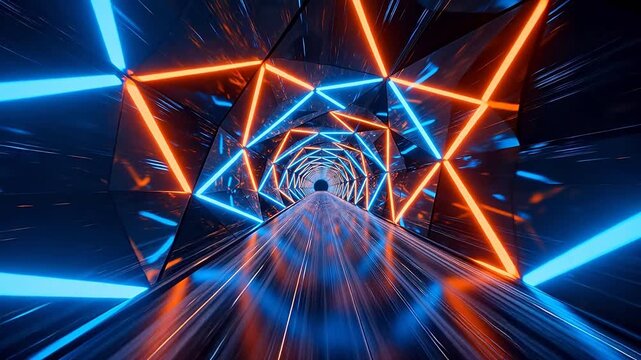 Geometric mirror tunnel with blue and orange neon light reflections