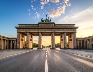 Obraz premium A historic gate with columns and statues at sunset
