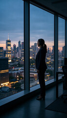 Fototapeta premium Busy woman looks out the window at the city skyline during sunset while working in an office