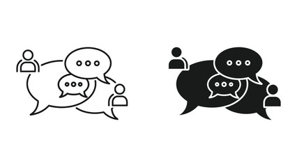 Fototapeta premium Two sets of black and white line icons depicting people talking in speech bubbles on a plain white background for communication concepts