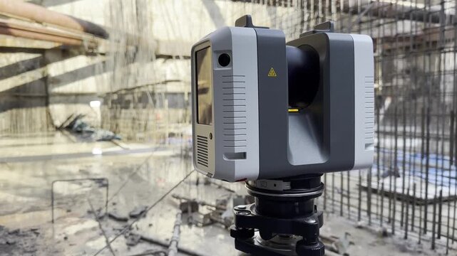 Surveyor machine scans construction site with precision. Metal beams and concrete floor show unfinished work. Equipment rests steady on tripod in active zone
