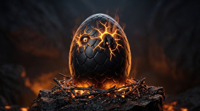 Mystical dragon egg glowing with fiery energy in dark fantasy cave setting