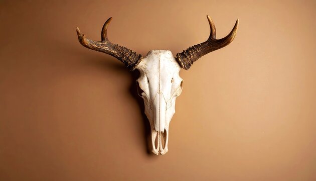 Isolated deer skull with antlers against a warm brown colored wall backdrop
