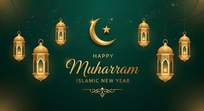 Happy muharram 1445 1450 islamic new year lanterns crescent moon greetings