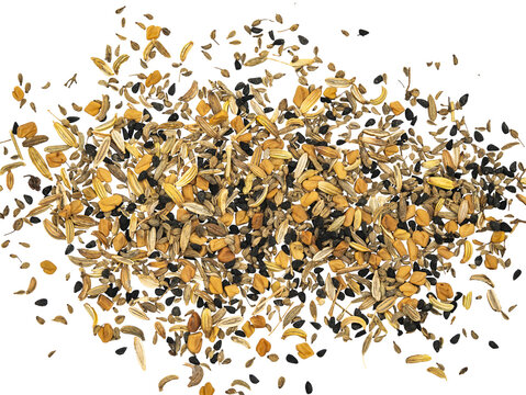 A top-down view of a colorful mix of various dried spices and herbs, scattered on a pure Transparent background, ideal for culinary and food photography.