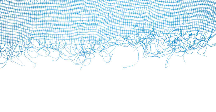 Blue net fabric mesh with frayed threads hanging over Transparent background, abstract textile edge with copy space, minimal studio lighting.