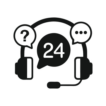 Illustration of a 24hour customer support headset with question and chat bubbles representing communication and assistance services