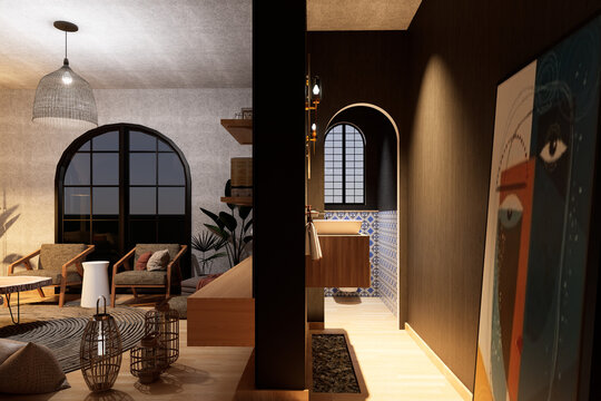 Modern Luxury Apartment Interior with Living Room and Bathroom Archway Design 3D Render