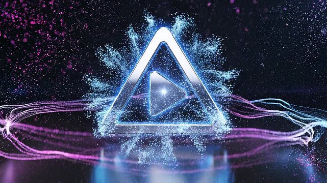 Futuristic Play Button Inside Glowing Triangle with Particle Explosion