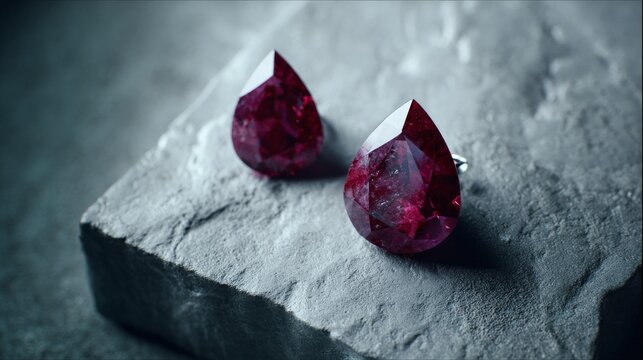 Two perfect teardrop ruby gemstones resting on a textured stone surface showcasing their brilliant facets and deep red color