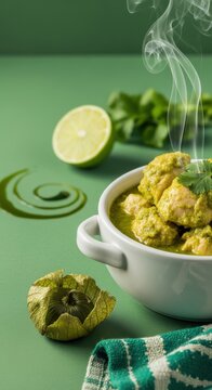 White Ceramic Bowl of Joc&oacute;n Green Chicken Stew with Left Fresh Green Negative Space, Tomatillo Husk, and Corte Fabric