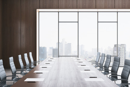 Modern empty corporate conference room with long table, chairs, papers and city view through large window in contemporary office interior. 3D Rendering