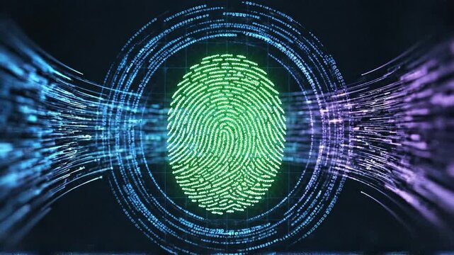 Futuristic fingerprint biometric security identity authentication cybersecurity digital scan technology data video, abstract fingerprint scan interface with flowing data stream for biometric security