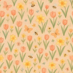 Obraz premium Seamless spring garden pattern with tulips, daffodils, butterflies and bees, cheerful watercolor style