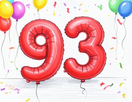 Pencil drawing of red number 93 balloon. Sketch for birthday or anniversary party