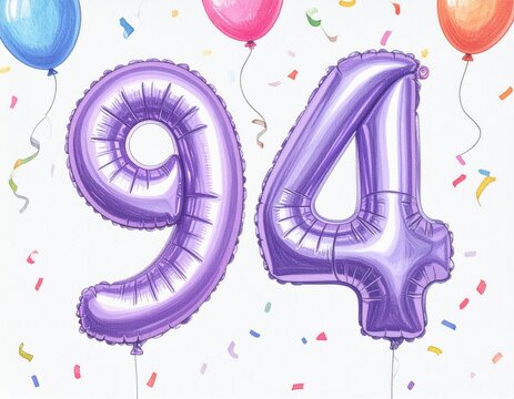 Pencil drawing of purple number 94 balloon. Sketch for birthday or anniversary party