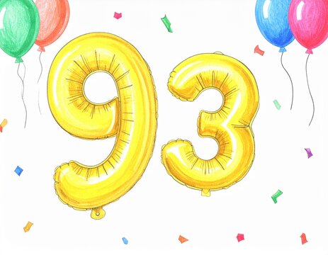 Pencil drawing of yellow number 93 balloon. Sketch for birthday or anniversary party